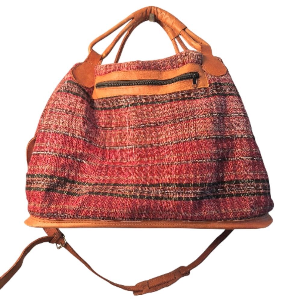 Huipil and Leather Day Bag Boho Weekender Guatemala Large Colorful Unused - Picture 2 of 16